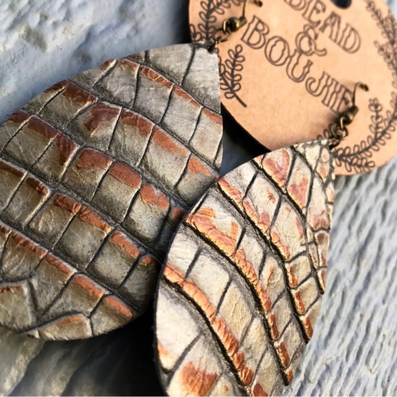 Metallic Silver and Brown Genuine Embossed Leather Teardrop Dangle Earrings - Picture 6 of 9